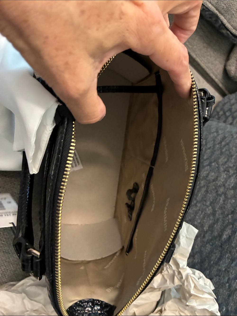 Brahmin Black Croc-Embossed Patent Leather Satchel with Gold Accents - Picture 5 of 5